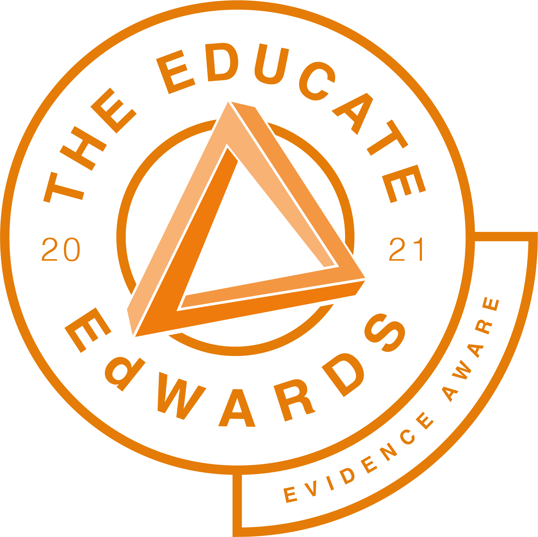Logo featuring an impossible triangle with the text 'The Educate Edwards 2021 Evidence Aware' in a circular arrangement, primarily in orange.
