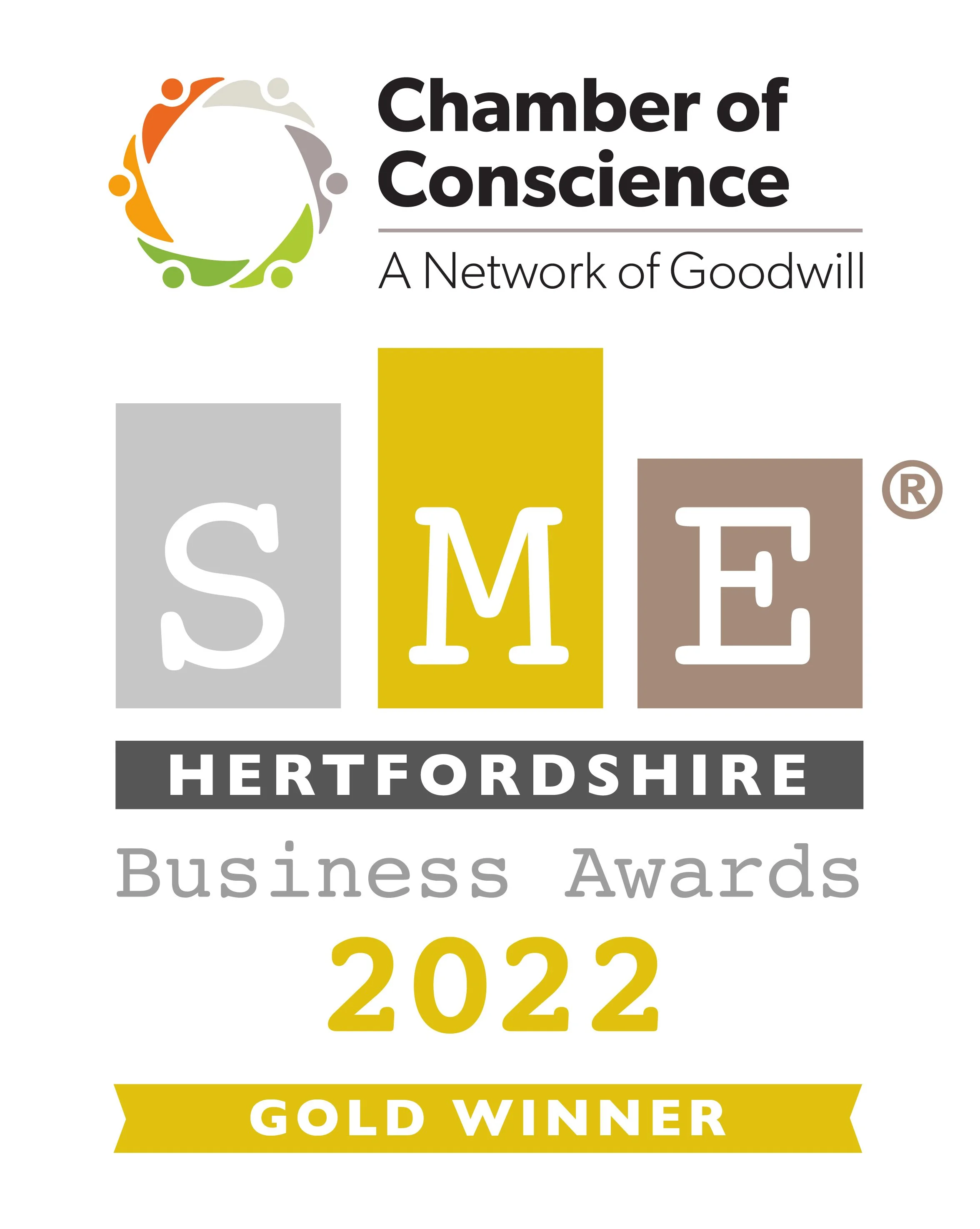 Chamber of Conscience logo and text indicating the SME Hertfordshire Business Awards 2022 Gold Winner.