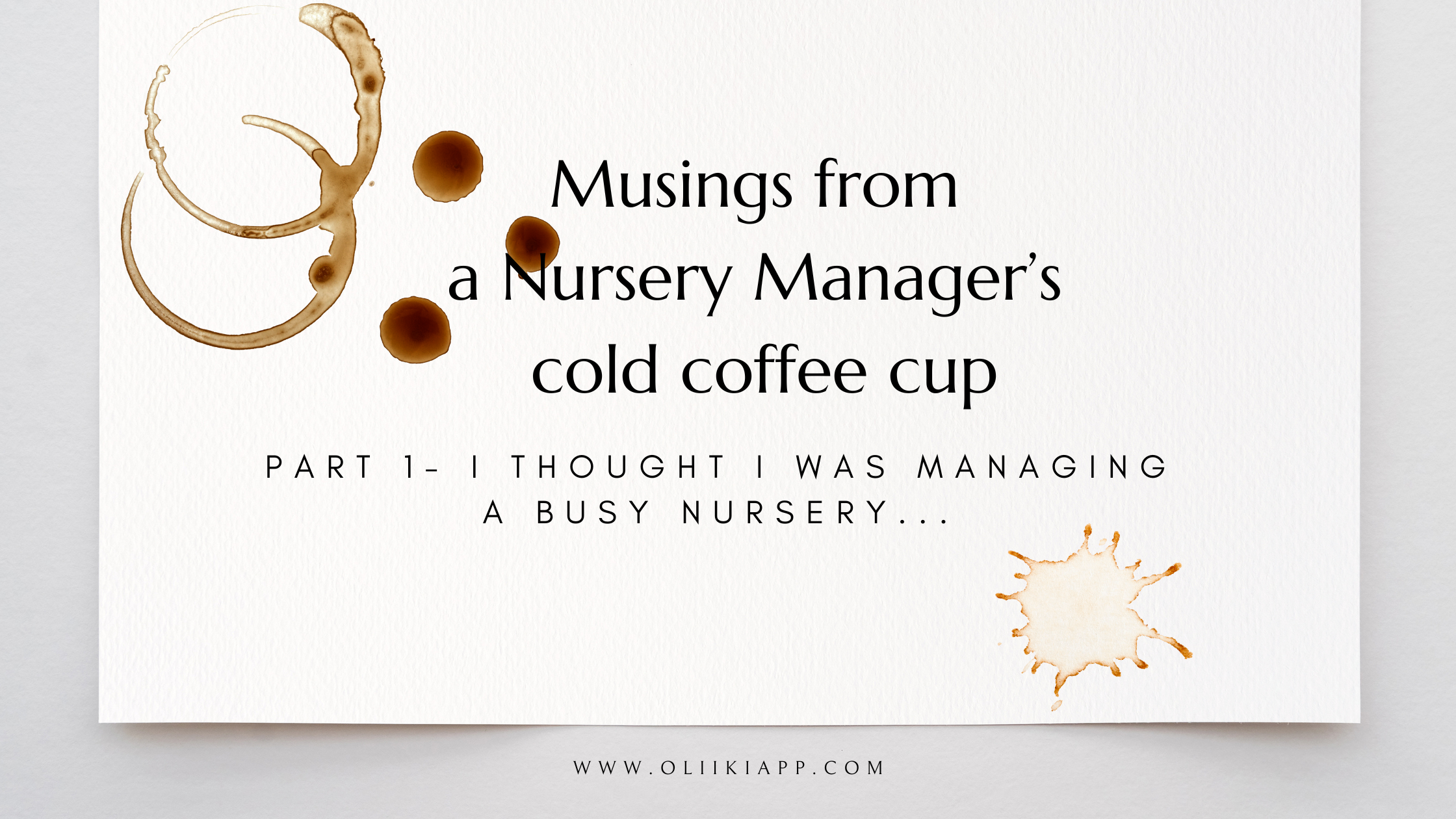 Paper stained with coffee cup rings and coffee drips with the title of the blog on,