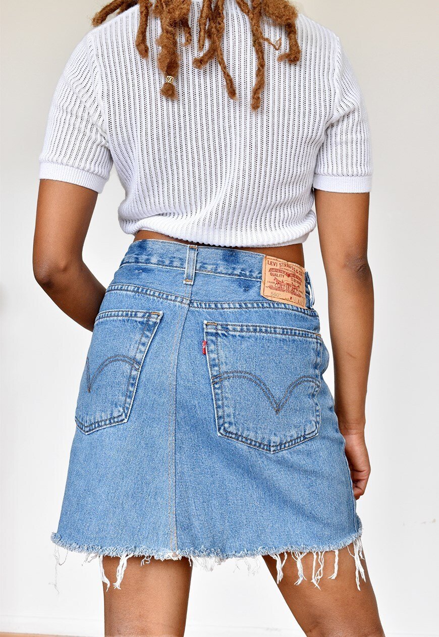 REWORKED DENIM VINTAGE BLUE LEVI'S SKIRT — House of Evik Vintage