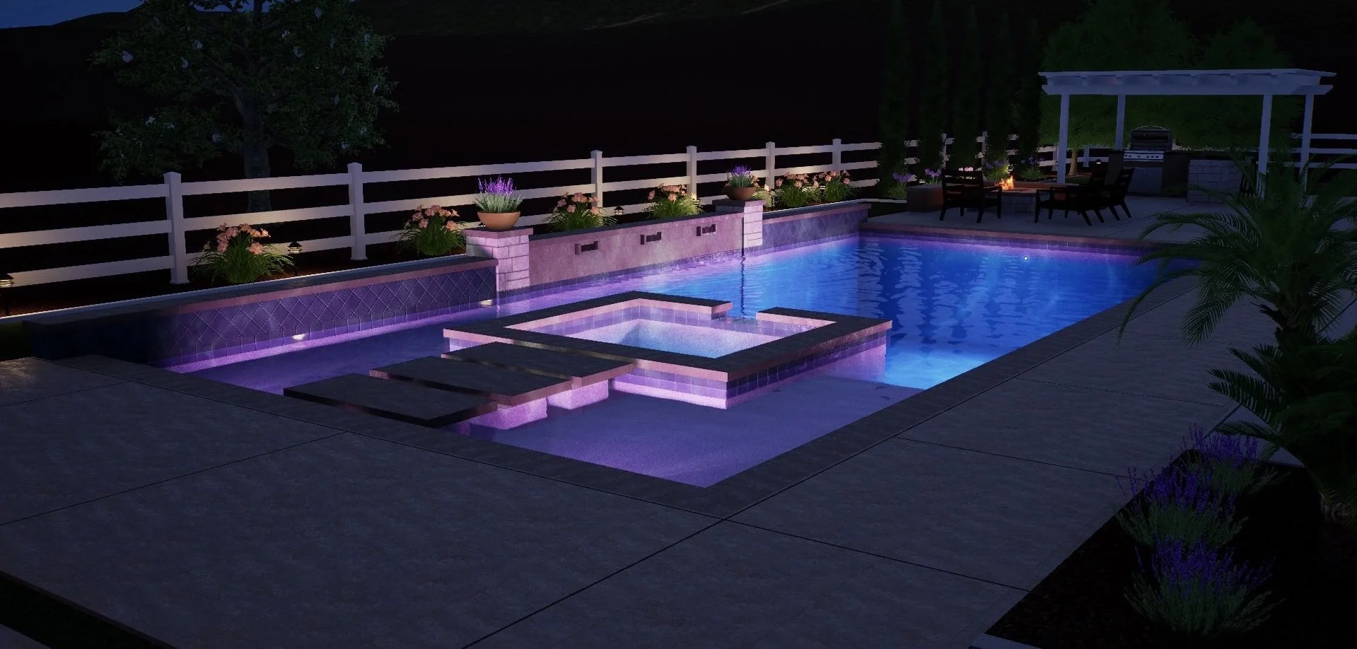 3D rendering of a custom pool that features and integrated spa and steps into the spa, and small waterfalls along the outer wall. Also featuring surrounding landscape design