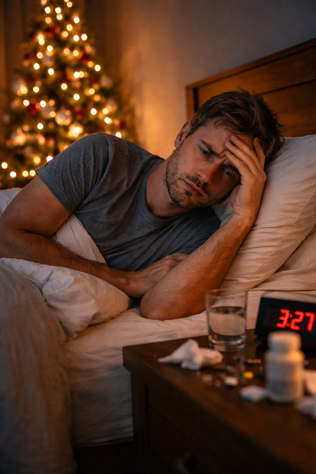 man laying in bed awake with a stressed look on his face. A light Christmas tree next to the bed.