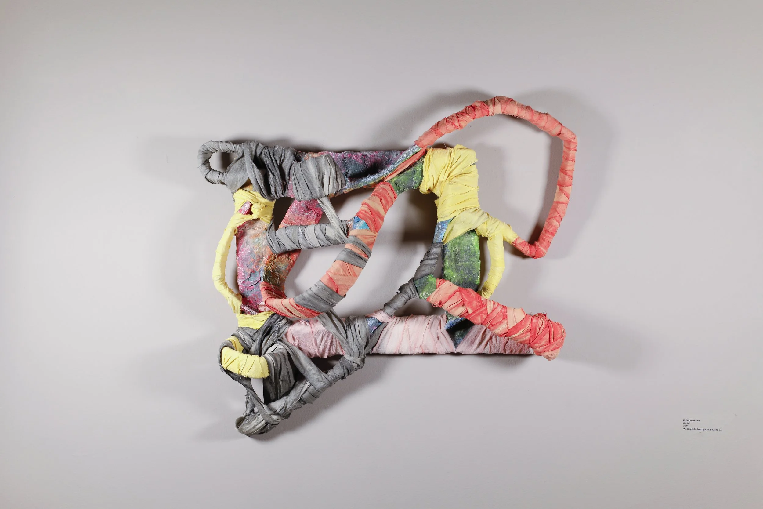 "For JM," fabric, wood, plaster, ink, 2022
