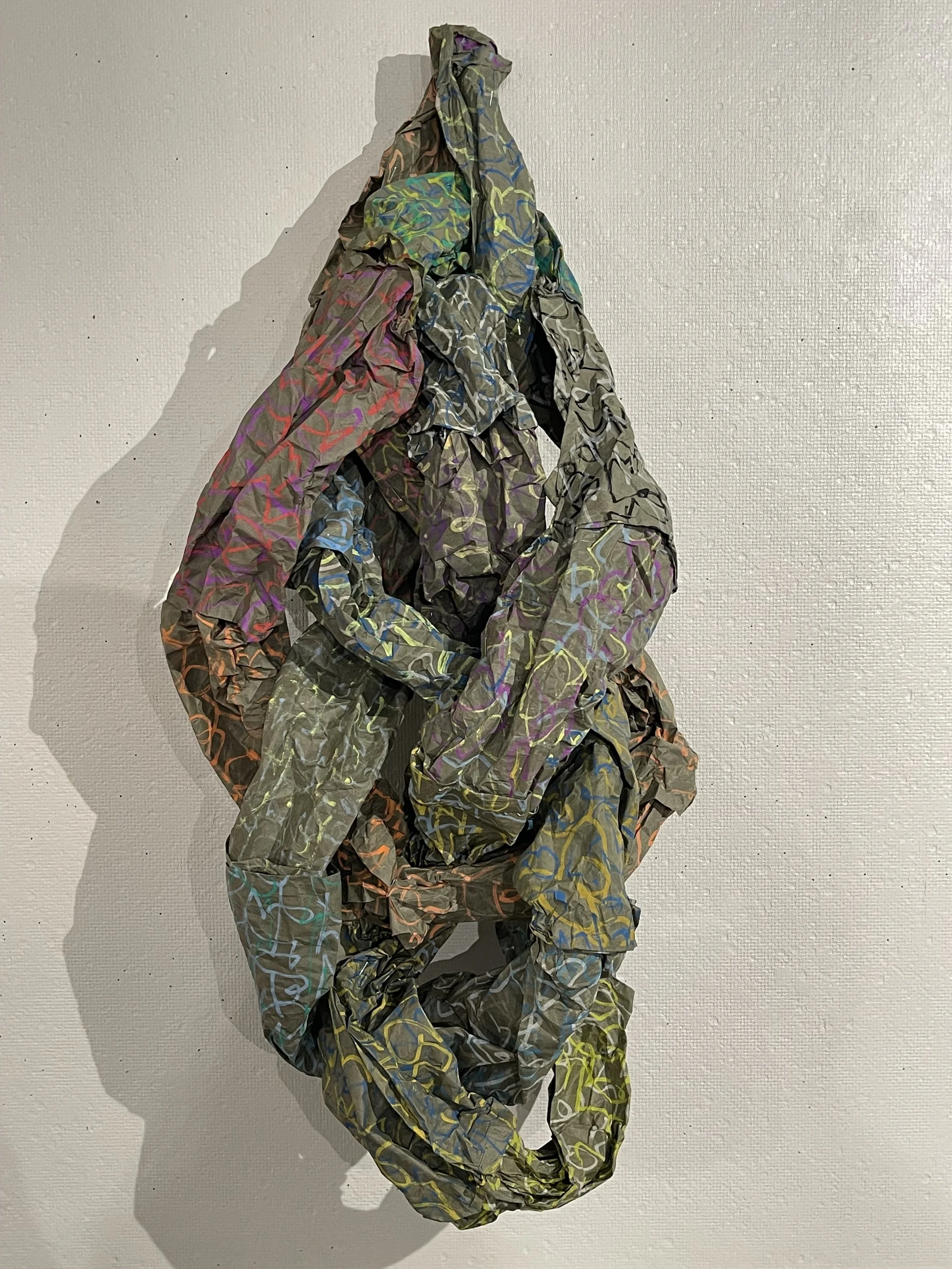 "Green Knot- drop"
31" x  14"
packing paper, chalk marker, staples