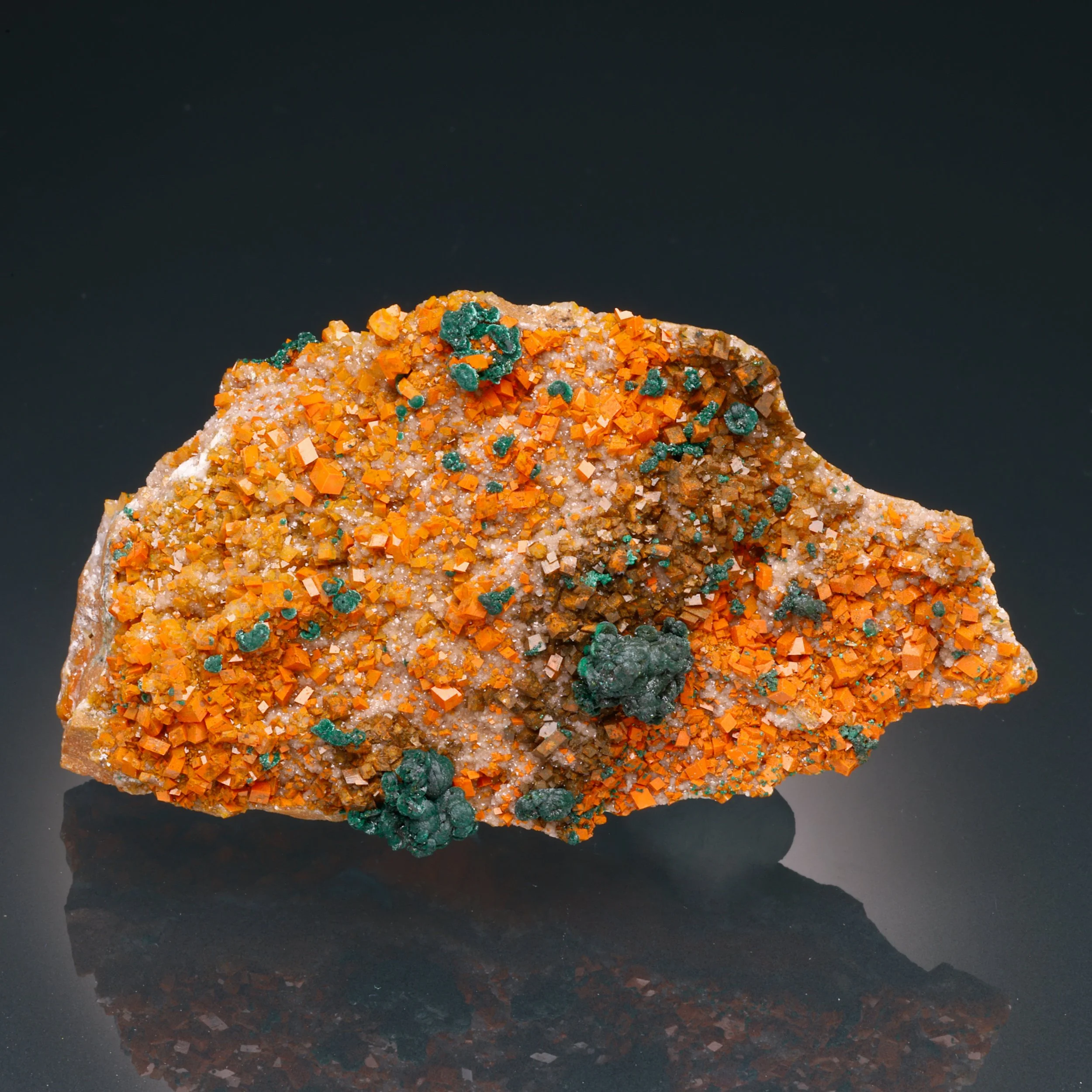 Calcite Incl. w Chalcotrichite, Malachite, Tsumeb Mine, Oshikoto Region, Namibia