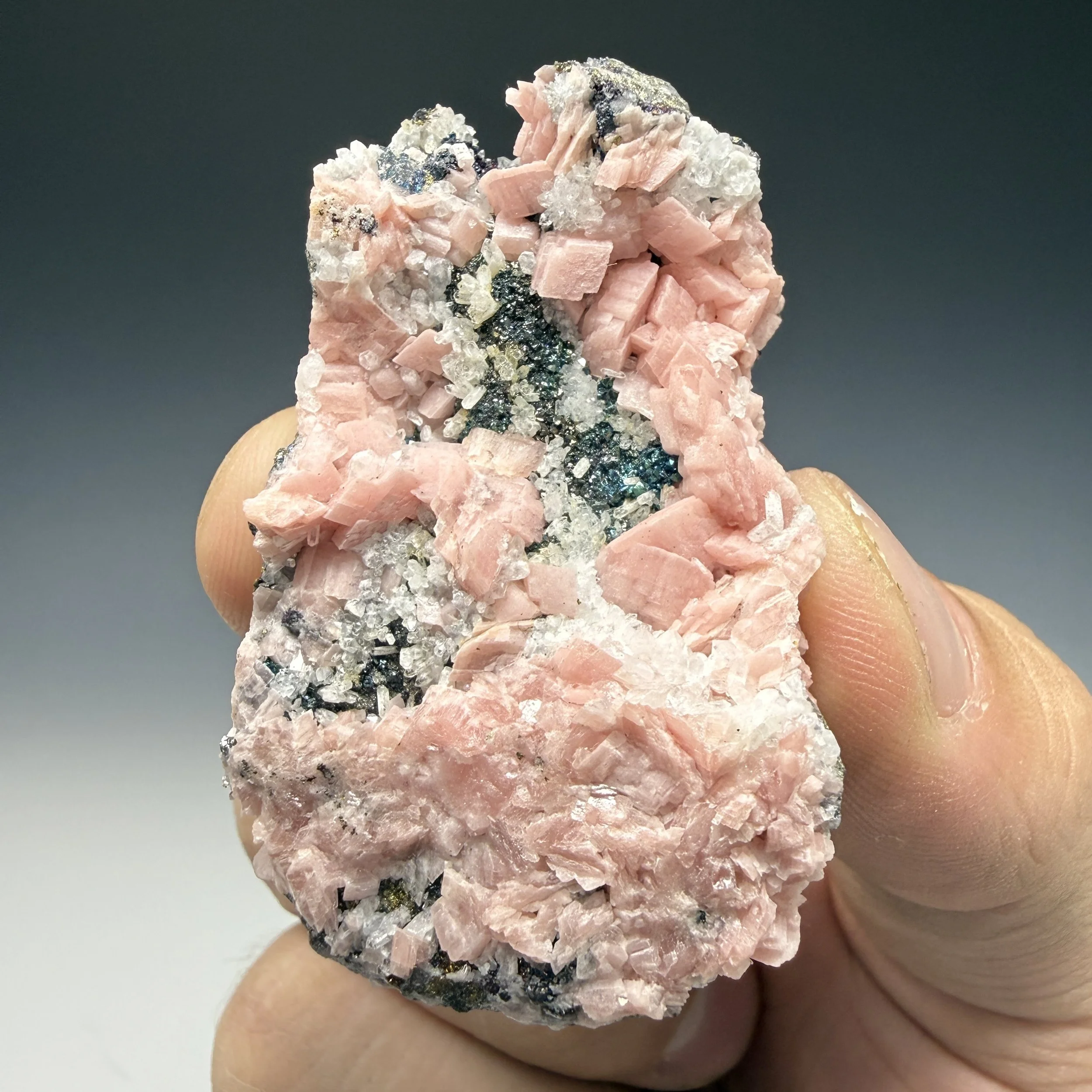 Rhodochrosite, Quartz, Bornite, Pyrite, Champion Mine, Cinnamon Pass, Hinsdale Co., Colorado, USA