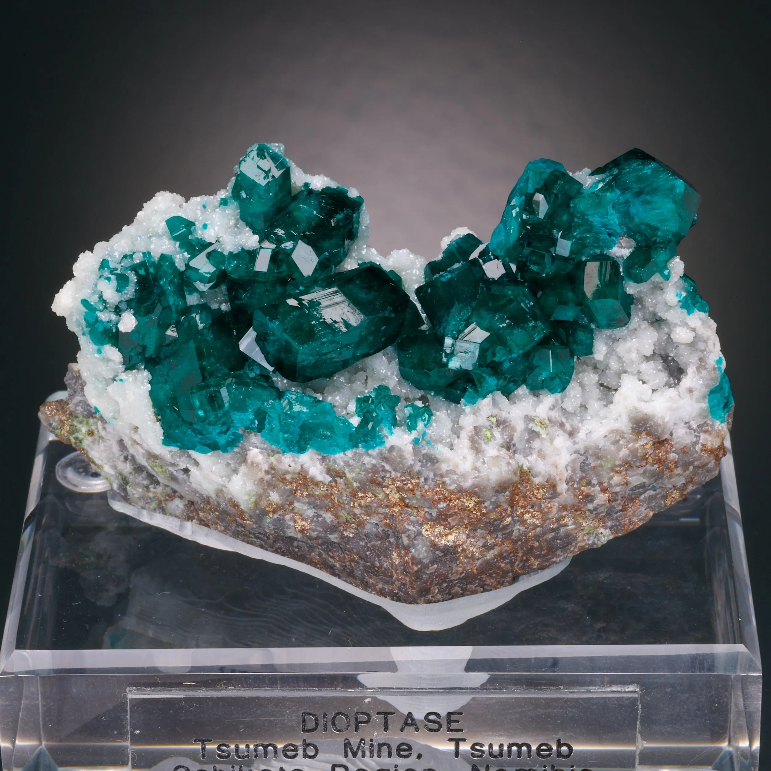 Dioptase, Calcite, Tsumeb Mine, Tsumeb, Oshikoto Region, Namibia