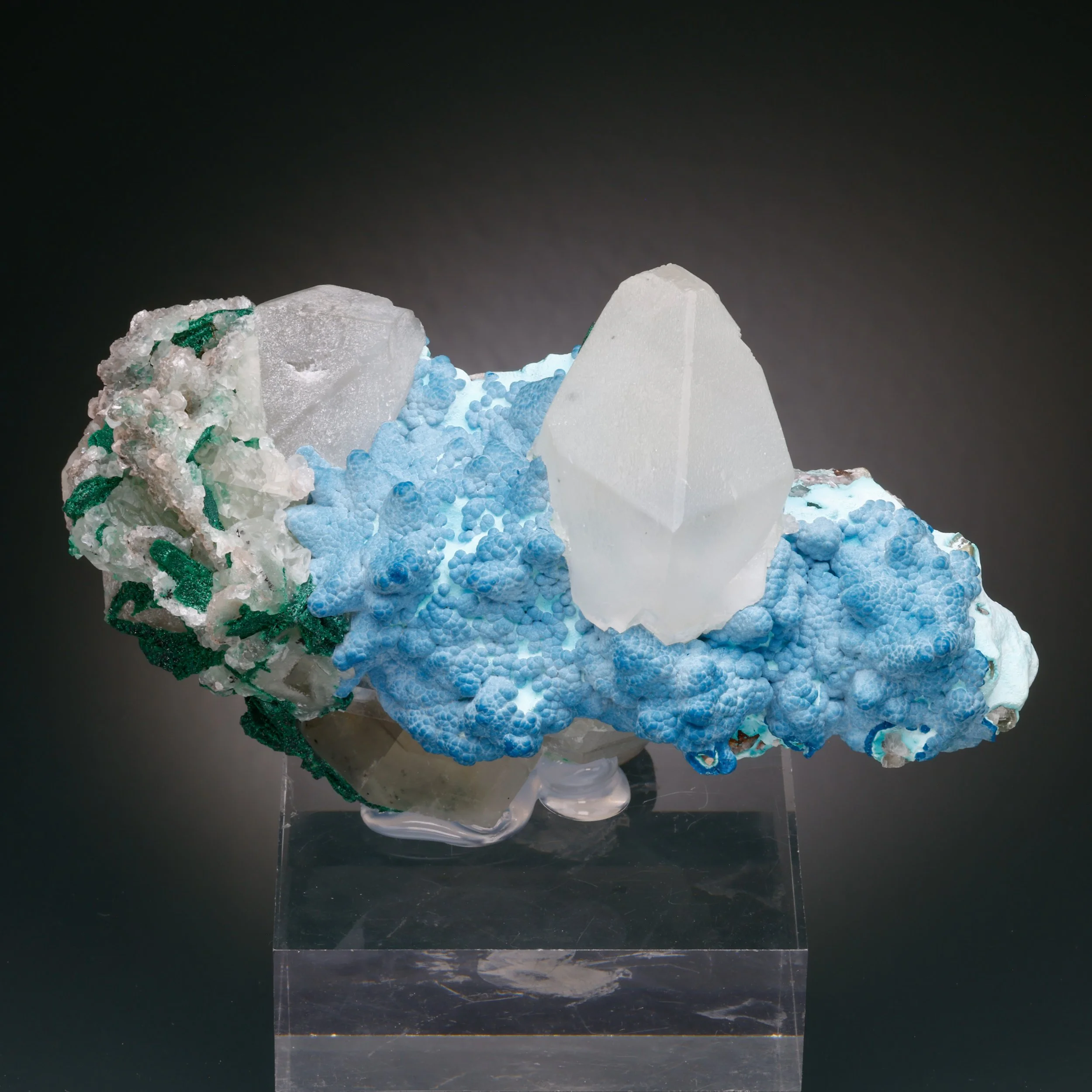 Plancheite Ps. Calcite, Calcite, Malachite, Kolwezi Mining District, Lualaba, D.R. Congo