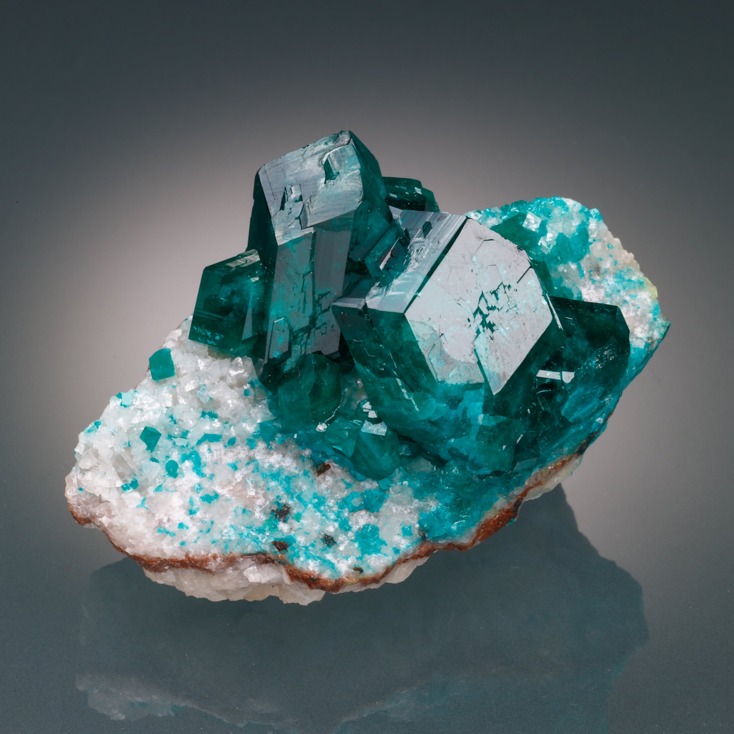 Dioptase, Calcite, Tsumeb Mine, Oshikoto Region, Namibia
