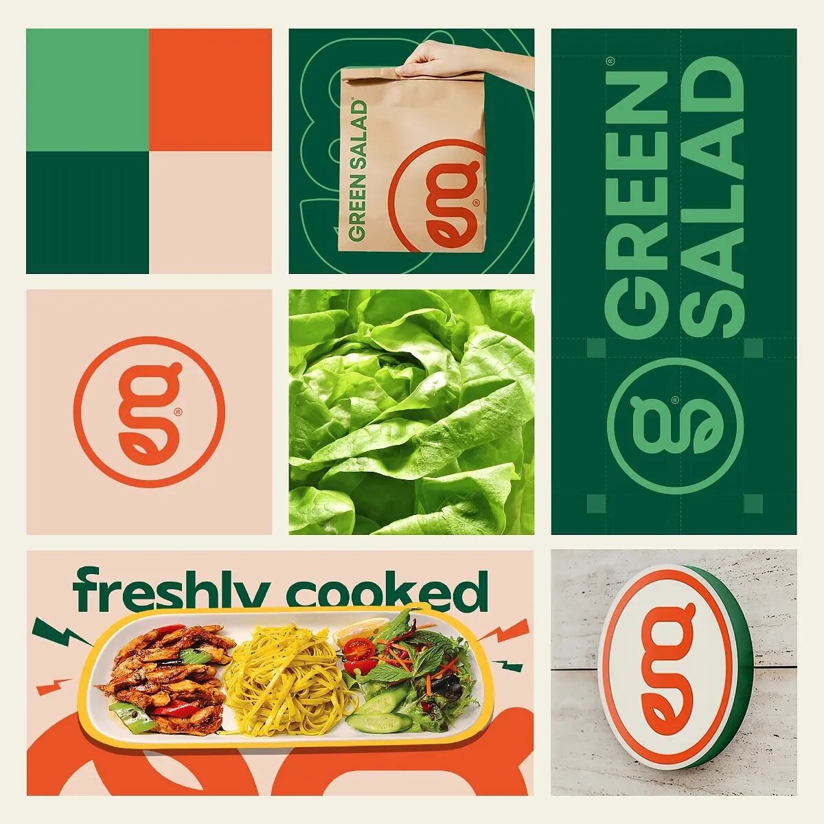 First long plate concept restaurant  Green Salad got new brand. It was really challenging but we started by designing the unique symbol, representing both letters &quot;g&quot; and &quot;s&quot; also added small leaf detail on the tail 🍃

We also ch