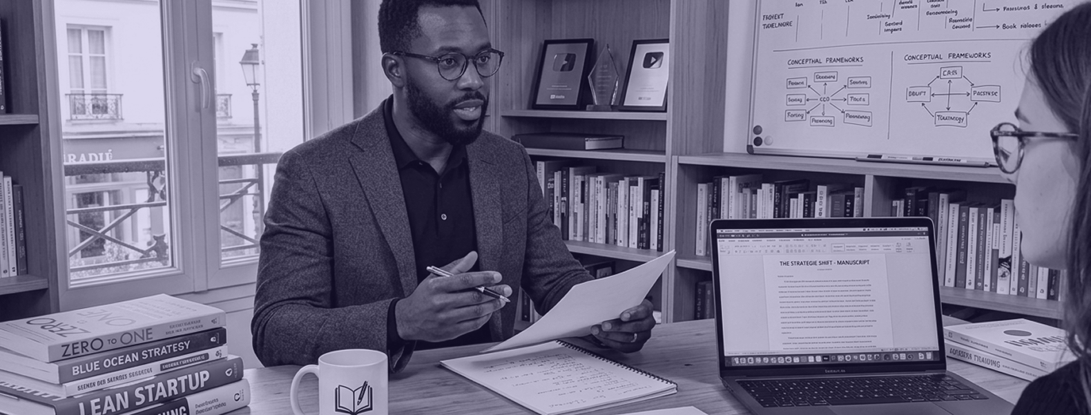 Dirigeant en séance de travail stratégique dans un bureau, analysant des documents et échangeant avec une collaboratrice autour de la construction de sa marque personnelle.