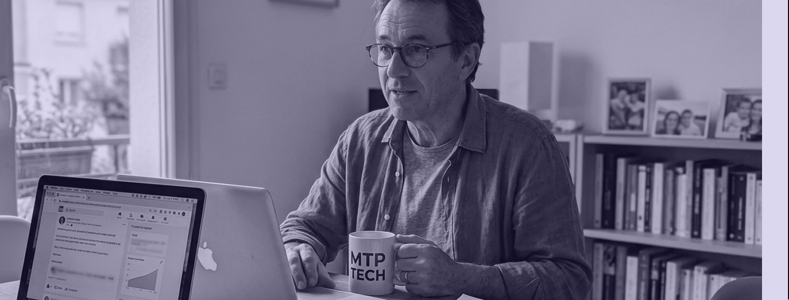 Dirigeant travaillant son personal branding depuis son bureau à domicile, échangeant sur ordinateur portable avec un café, entouré de documents et d’outils de communication digitale.