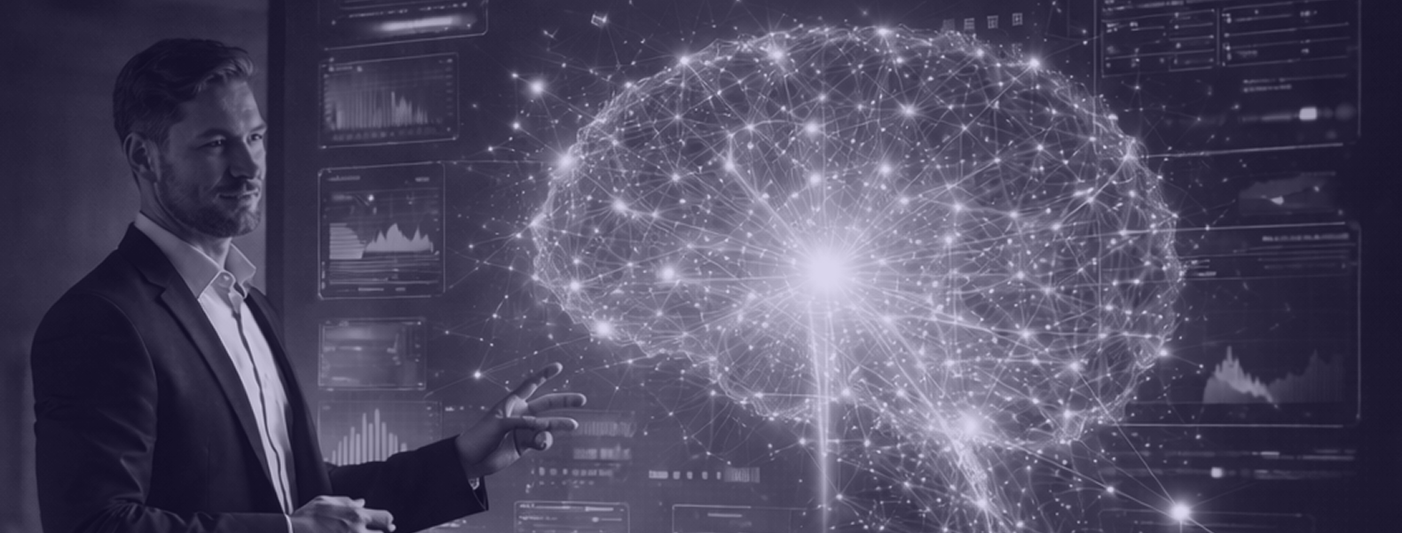 Formateur présentant un cerveau holographique représentant un réseau d’intelligence artificielle devant un groupe de collaborateurs dans une salle sombre, avec une visualisation futuriste de données et une ambiance cinématographique bleutée.