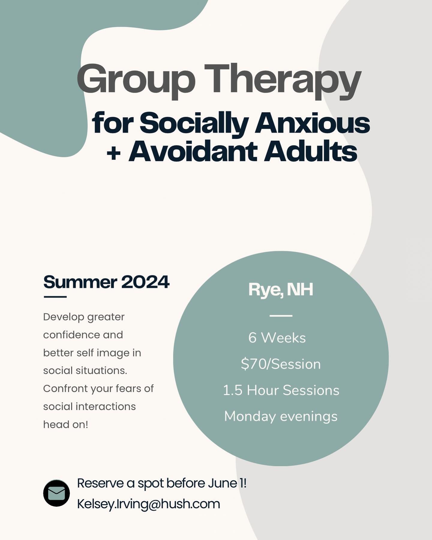 Social Anxiety Group: This Summer in Rye, NH! Weekly sessions (1.5 hrs) on weekday evenings. $70/session x 6 wks. Adults only. PM me for more info! 

Social anxiety affects more than 32 million Americans. Get support from others who have similar chal