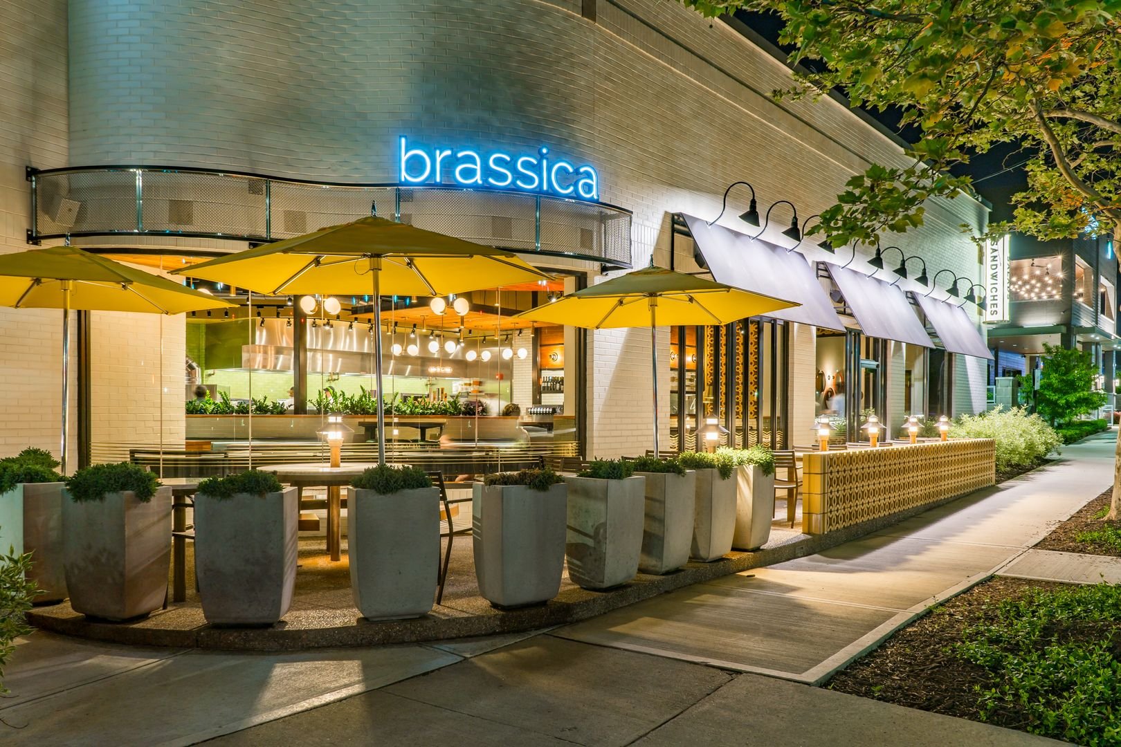 Outdoor seating area of a restaurant with yellow umbrellas and potted plants at night, featuring a neon sign with the word 'brassica'.