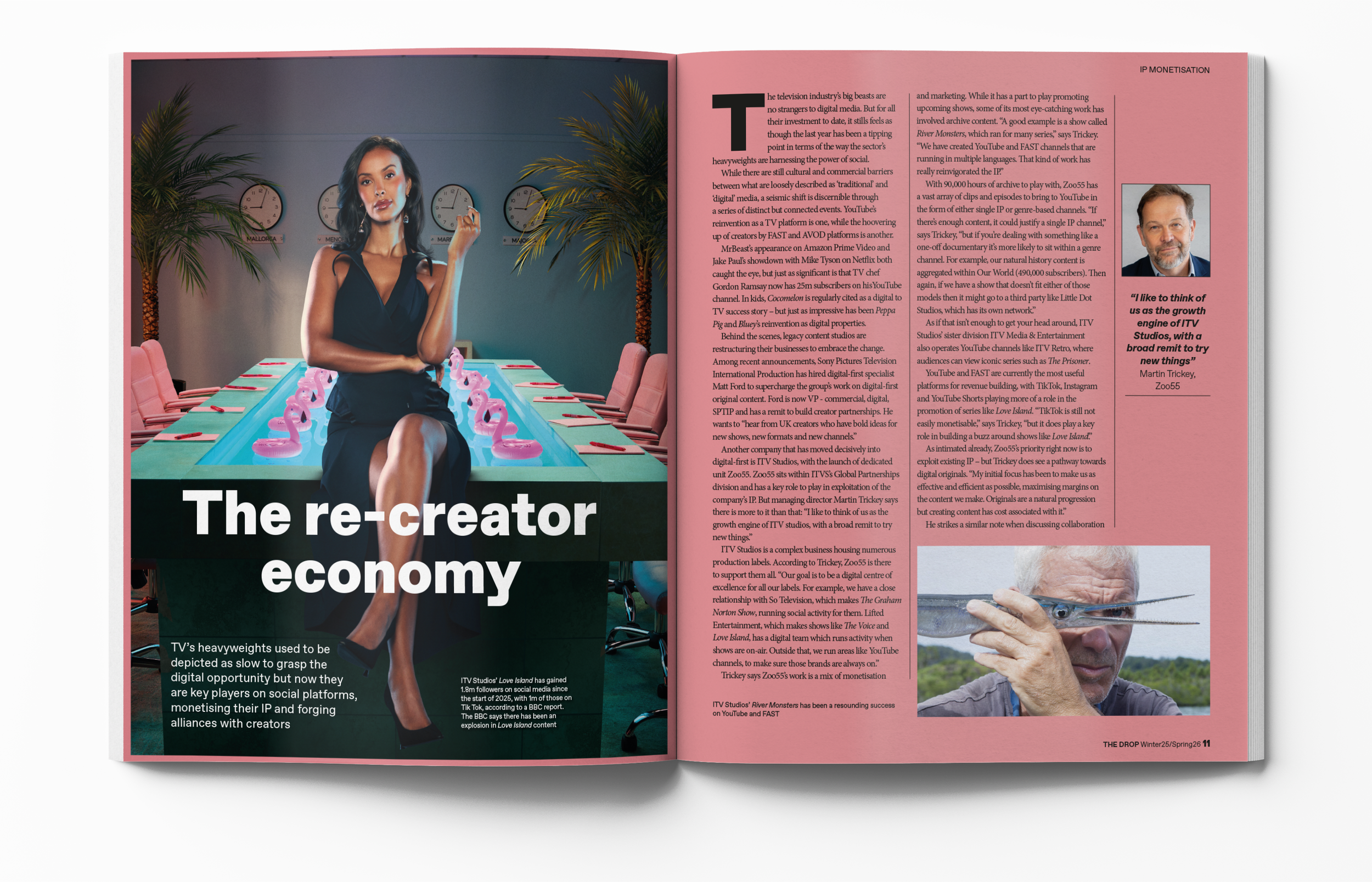 The Drop. Opening spread for feature on traditional broadcasters utilising social content  