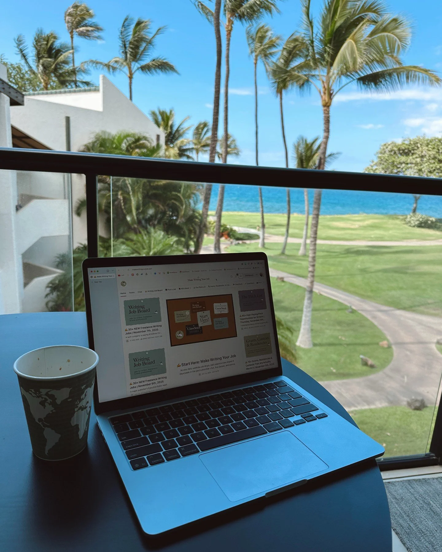 ✍️ Writing from my balcony here in Maui today. Nice weather to work on my Substack after our morning beach yoga session earlier ✨