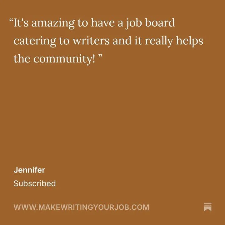 Thank you for becoming a paid subscriber at ✍️ Make Writing Your Job, Jennifer! Glad to have you in the community 🙏 

For the writers who are reading this, comment WRITER down below to get sent a 7-day free trial to our writing job board!