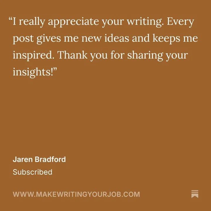 Thanks for becoming a paid subscriber of our writing job board + community at ✍️ makewritingyourjob.com Jeren! Glad you&rsquo;re finding inspiration from our posts :)