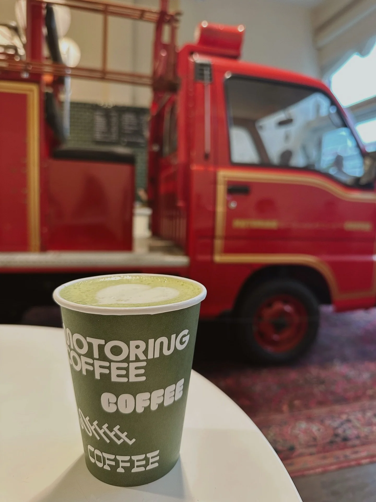 Co-working at @motoringcoffee in SF today! Hot matcha on a rainy day 🍵☔️