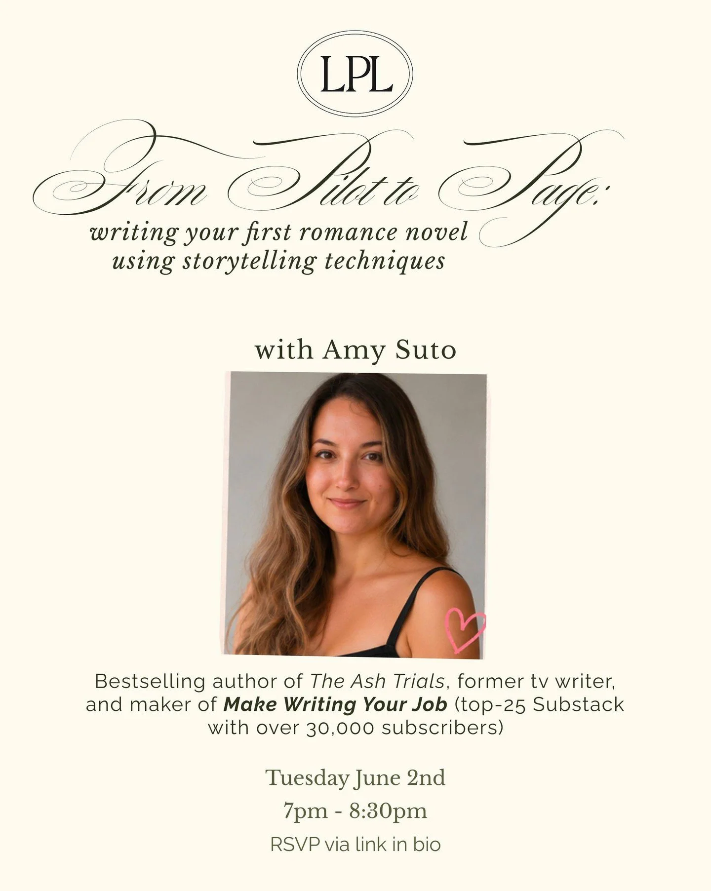 ✍️ San Francisco writers &mdash; I&rsquo;m teaching a free workshop in support of SF&rsquo;s new (and only!) romance bookstore Love Potion Library. 

If you&rsquo;re curious how to use screenwriting techniques to write a more cinematic novel, I invit