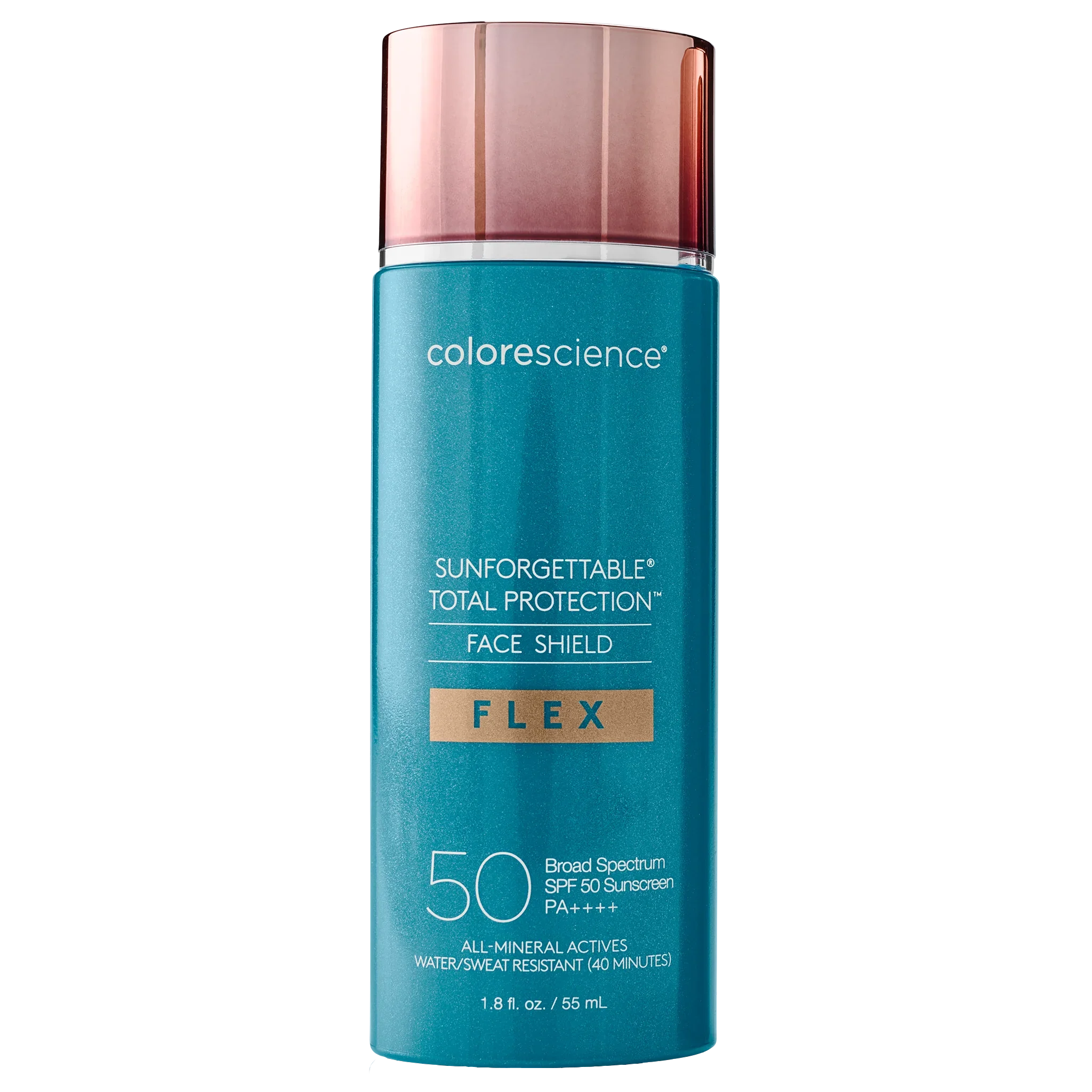 Four bottles of Colorescience sunscreen flex SPF 50 in teal packaging with copper caps, displayed on clear stands against a beige background.