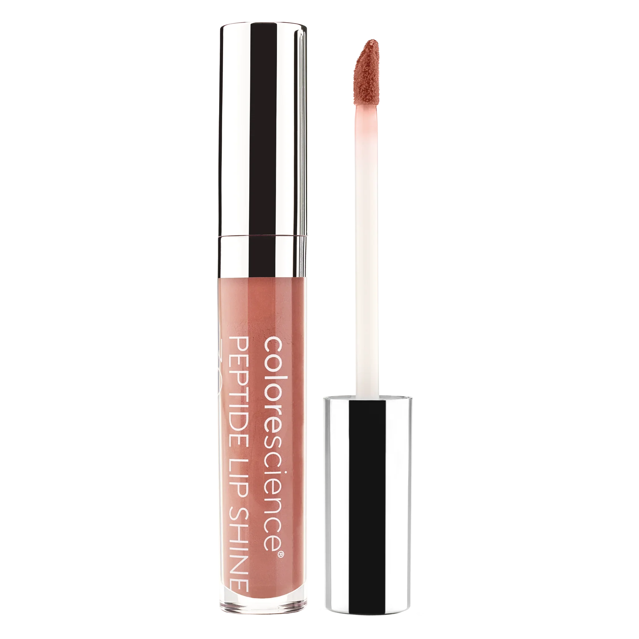 Tube of pink lip shine with applicator wand.