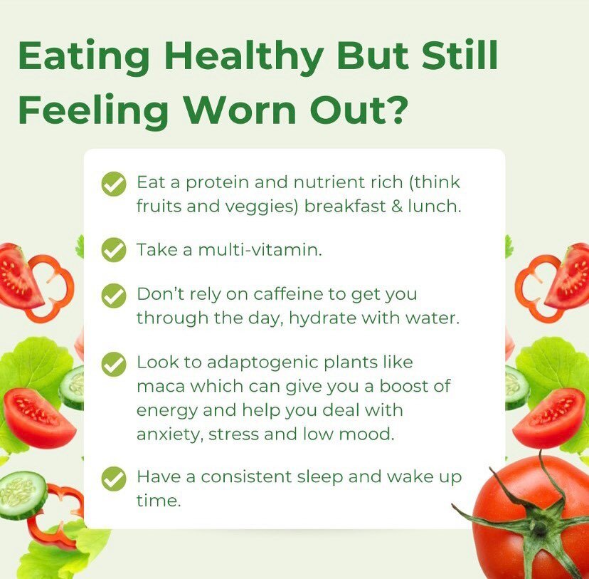 Feeling sluggish? Going hard on caffeine during the day, booze at night? Boost wellbeing by:
🥩 Making the first meal of the day, whenever you eat it, as nutritious as possible
🍋 Stay hydrated for mental energy
🍠Try maca, a stimulant feee way to en