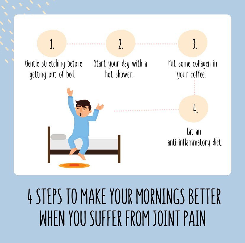 Stiff joints in the morning? 🦿 Limber up before you get out of bed. 🚿 A warm shower helps increase circulation to the joints. ☕️ Try scoop of collagen in your morning coffee. It helps to rebuild cartilage. 🍾 Ditch the vegetable oils and enjoy anti