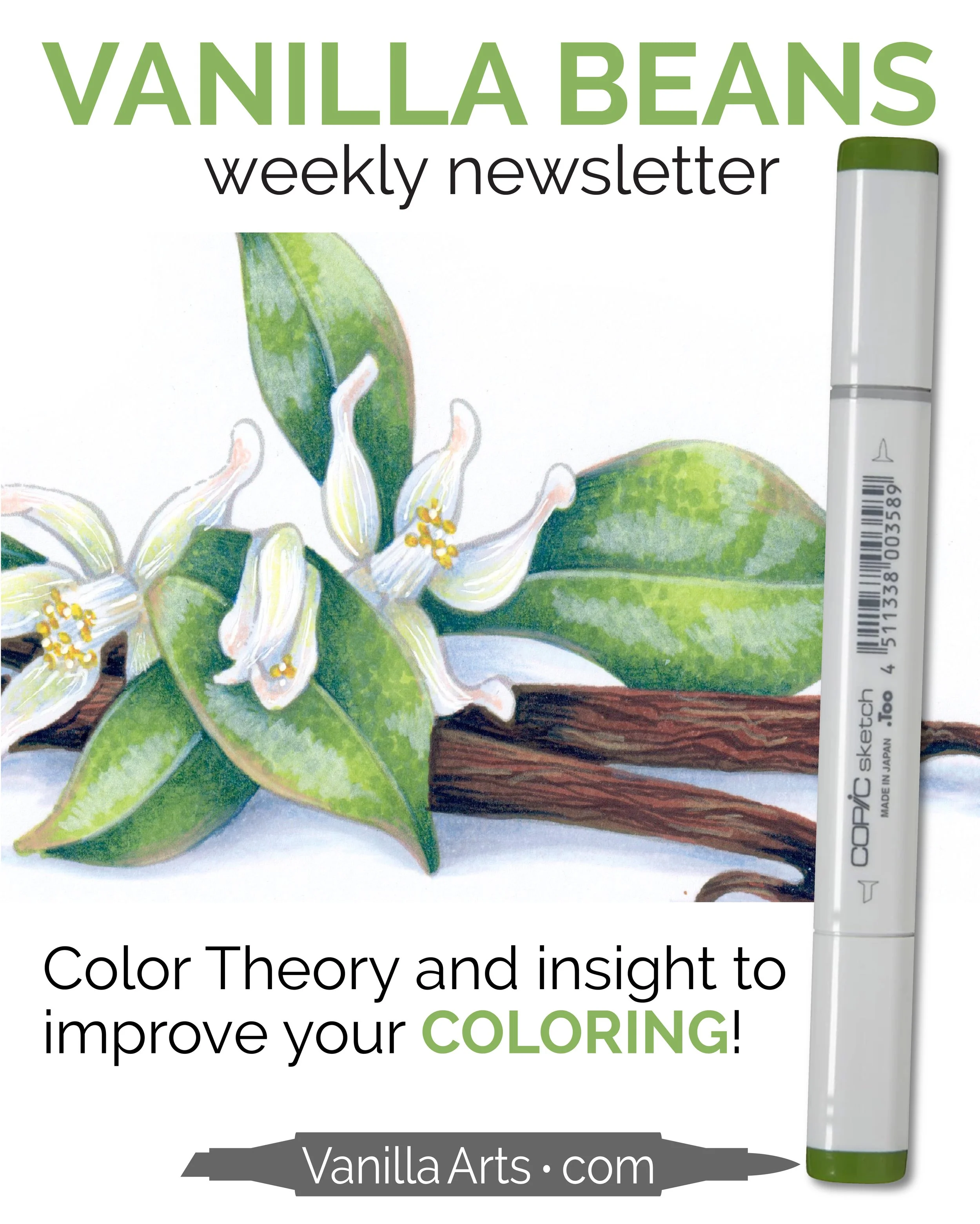 Vanilla Beans Newsletter featuring weekly color theory lessons and realistic coloring insights for adult colorists using alcohol markers and colored pencil.