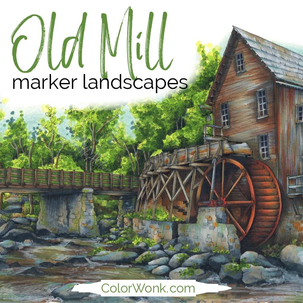 Realistic old mill illustration. Too much detail can reduce realism in alcohol marker and colored pencil artwork.