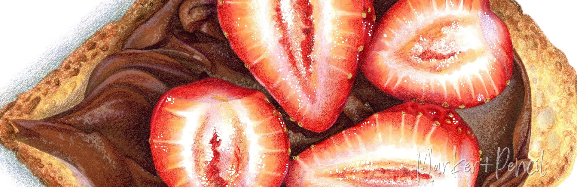 Closeup detail of "Strawberry Toast" marker and colored pencil illustration. Learn why smooth blending works against realism.