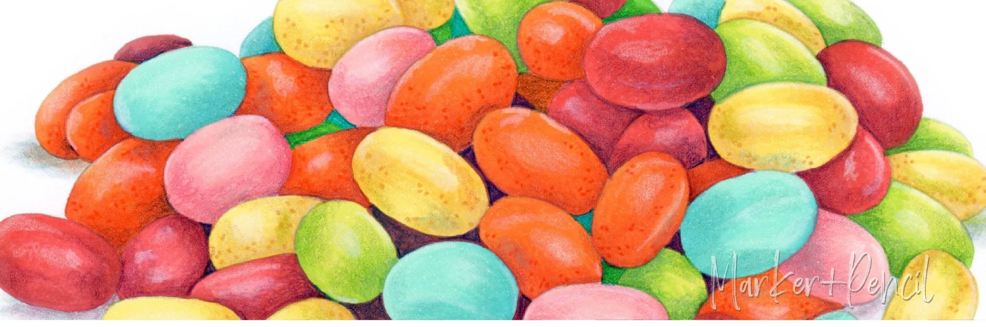 Closeup detail of "Jellybeans" marker and colored pencil illustration. Learn why your coloring looks flatter than you expect.