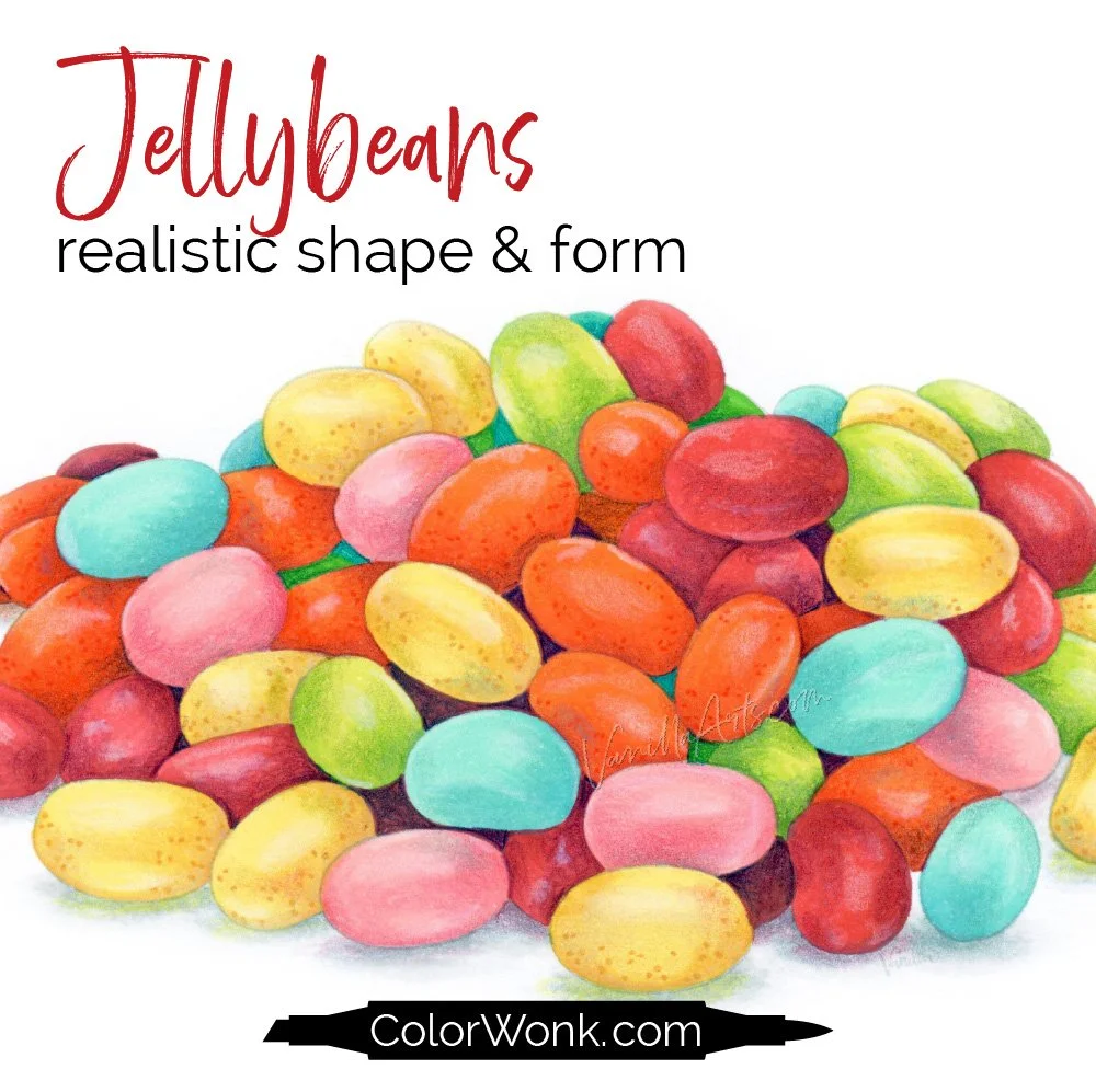 Realistic jellybean lesson focused on form using alcohol markers and colored pencil techniques for realistic shading and dimension.