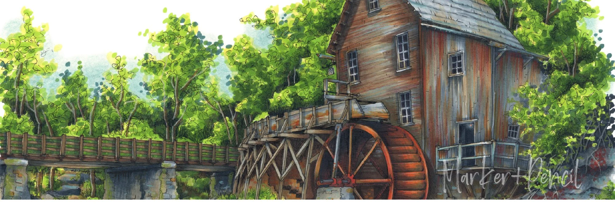 Closeup detail of "Old Mill" marker and colored pencil illustration. Learn why extra details don't add realism.