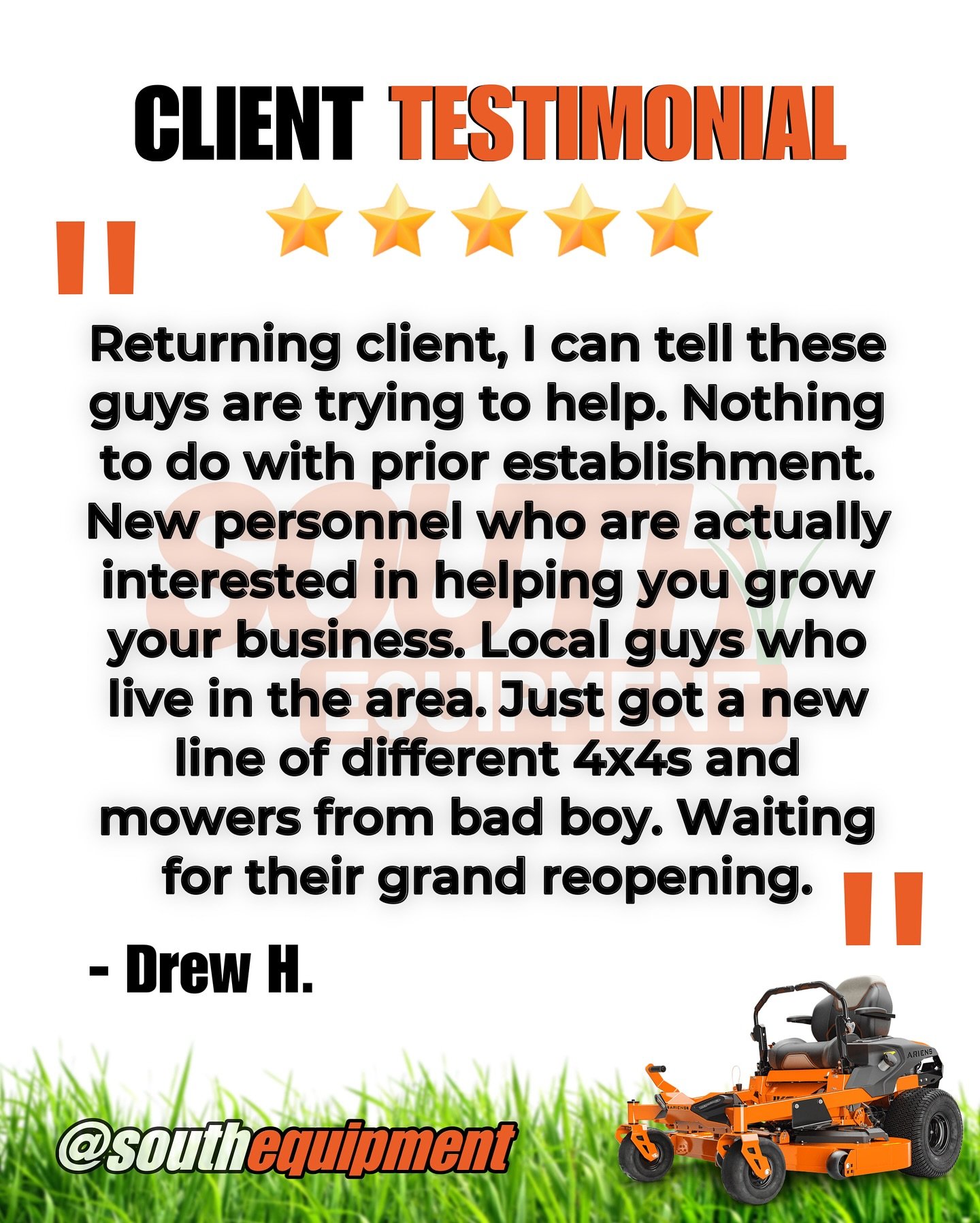 🌟 5-Star Review 📣
We&rsquo;re thrilled to hear that you&rsquo;ve had a positive experience with our team. Our goal is to support our customers and help them grow their businesses. We&rsquo;re excited about our new line of 4x4s and mowers from Bad B