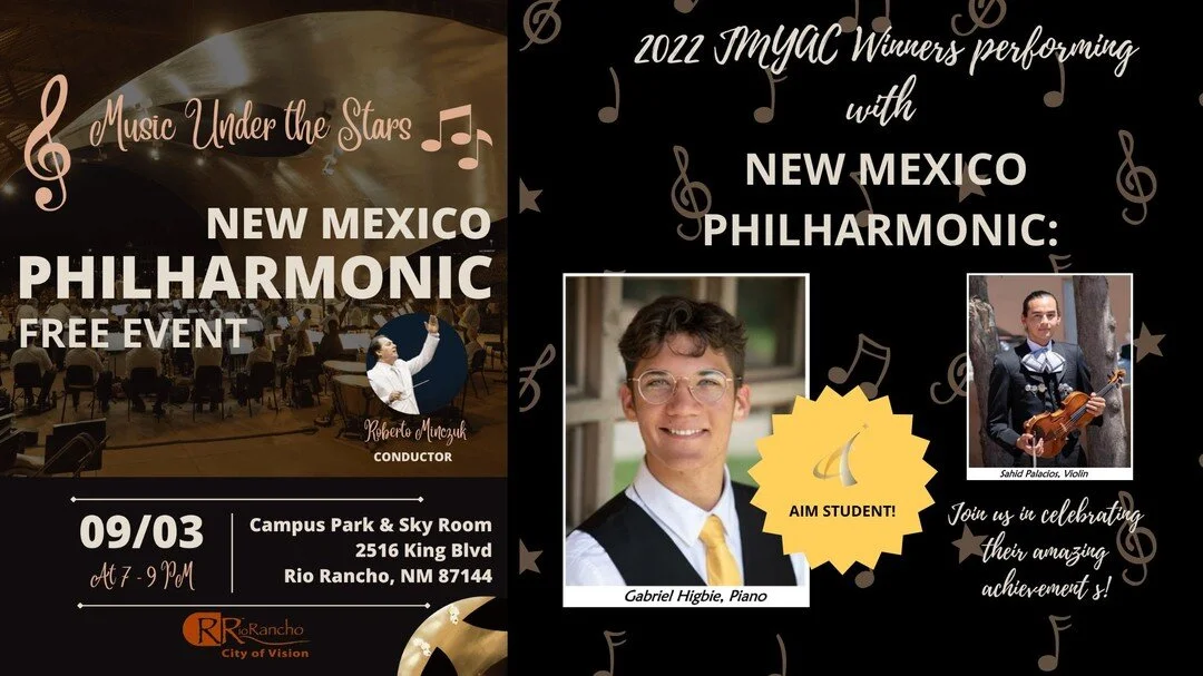 The Music Guild of New Mexico invites you to join the 2022 Jackie McGehee Young Artists&rsquo; Competition First-Place Winners in Piano and Strings performing with the New Mexico Philharmonic Roberto Minczuk, conducting.

Enjoy the evening at the bea