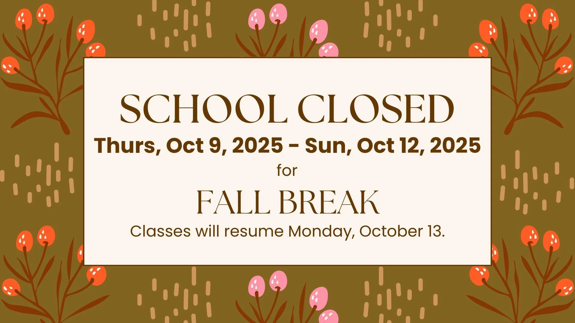 We will be closed starting TODAY from Thursday, October 9 to Sunday, October 12 for Fall Break.๐๐๐ป๐
Lessons will resume Monday, October 13.