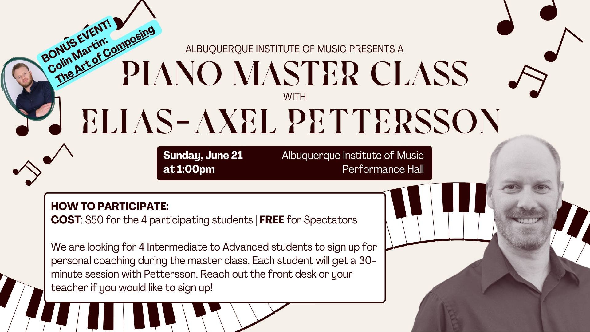 It's THRILL THURSDAY because we are thrilled to have Elias-Axel Pettersson back in town to give a master class here at the school on Sunday, June 21. We are looking for 4 intermediate to advanced students to received personalized coaching from this f
