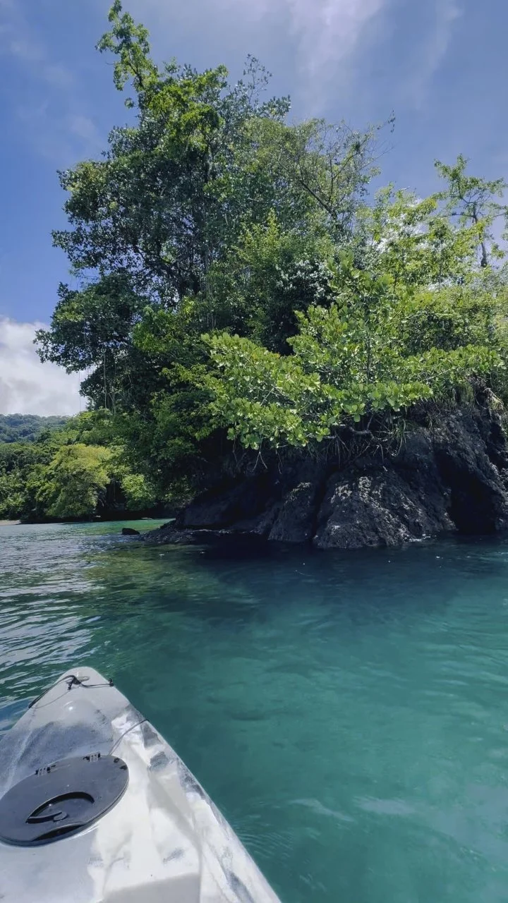 A kayak approaching a lush tropical island with dense green foliage and large rocks, under a blue sky with some clouds.