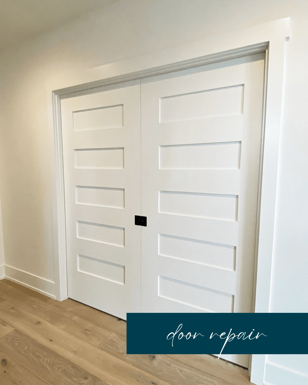 White sliding barn door with horizontal panels, partially open, with a dark rectangle handle in the middle, in a room with light-colored wooden floor and white walls. Text overlay reads "door repair."