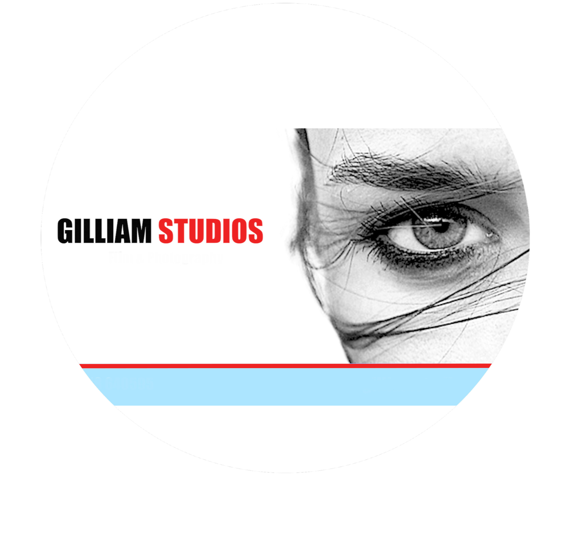 Logo of Gilliam Studios with a black and white close-up of a person's eye and hair, featuring red and black text.