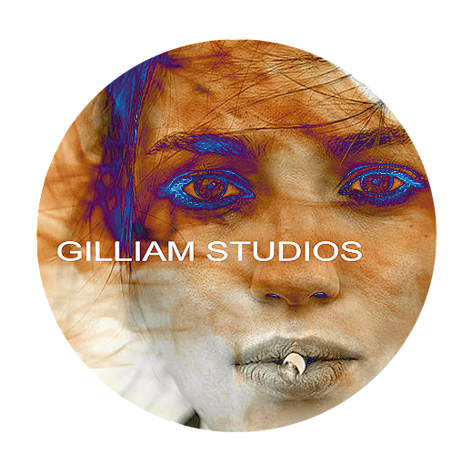 Close-up portrait of a person with blue makeup around the eyes and a cigarette in their mouth, overlaid with the text 'GILLIAM STUDIOS'.