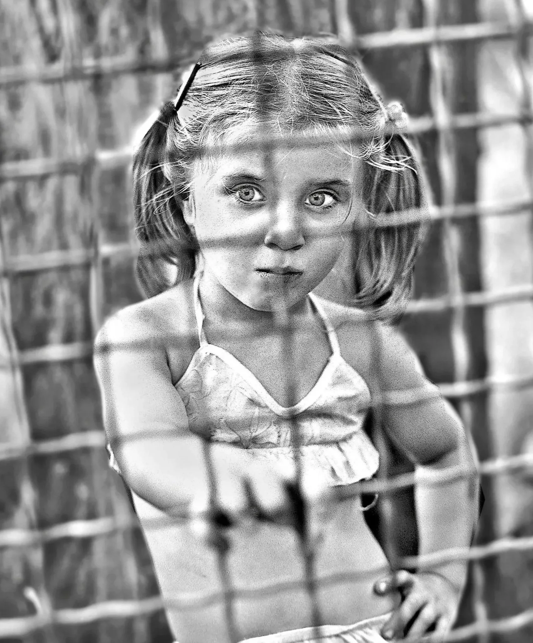 A young girl with pigtails and a bow, looking through a wire fence, with trees in the background.