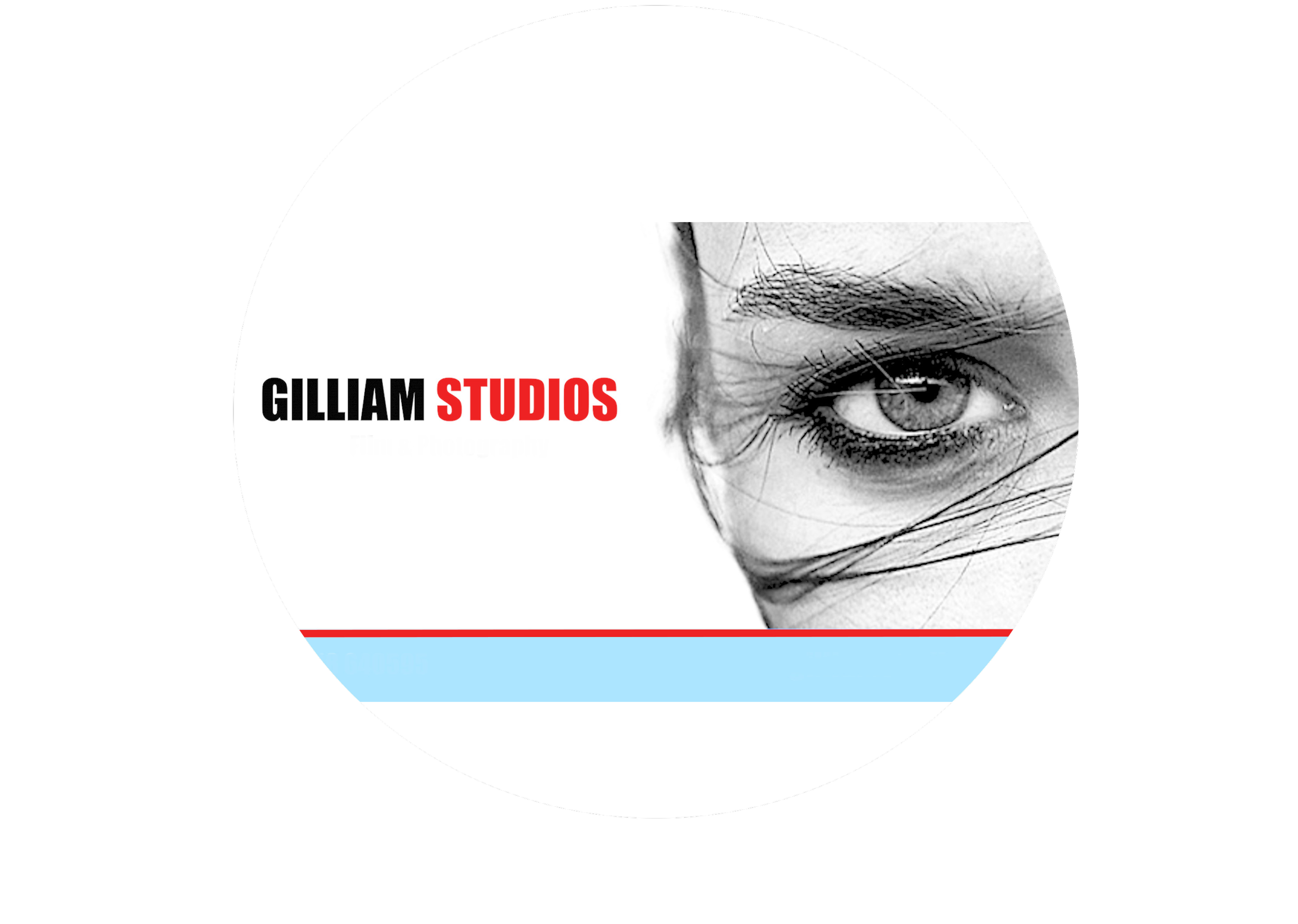 Logo with the text 'GILLIAM STUDIOS' next to a black and white close-up of a person's eye, with hair partially covering the face, on a white background with red and blue accents.