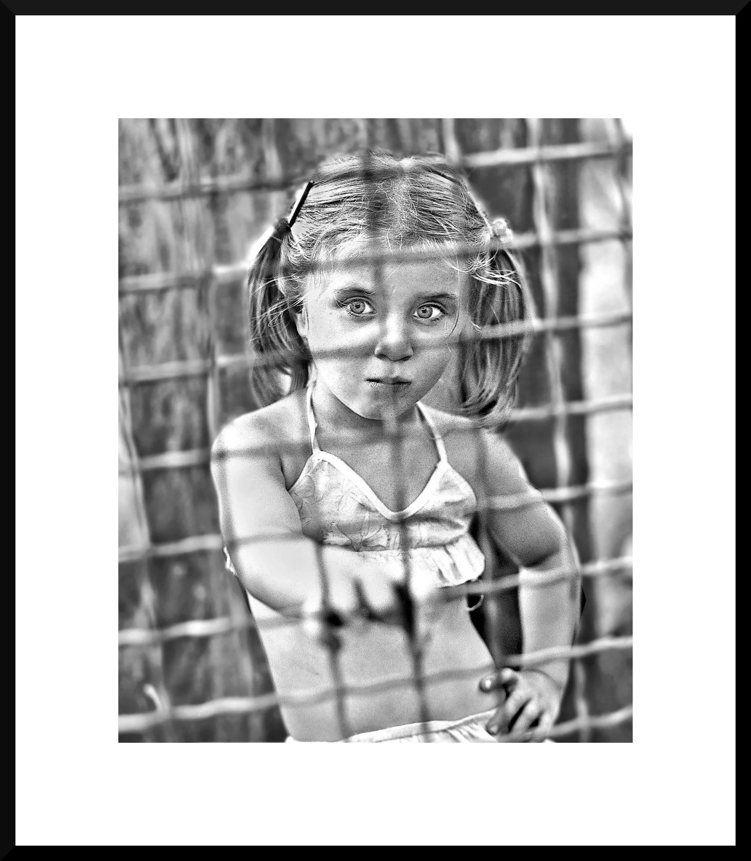A black and white photograph of a young girl with light-colored hair and striking eyes, looking through a wire fence, with a blurred outdoor background.