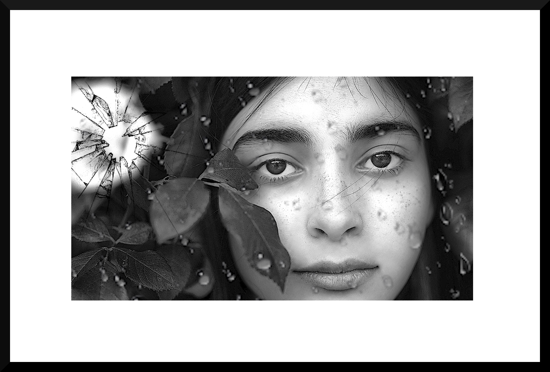 Close-up black and white photo of a woman's face surrounded by leaves, with water droplets on her skin and leaves, and a cracked glass effect on the left side of the image.