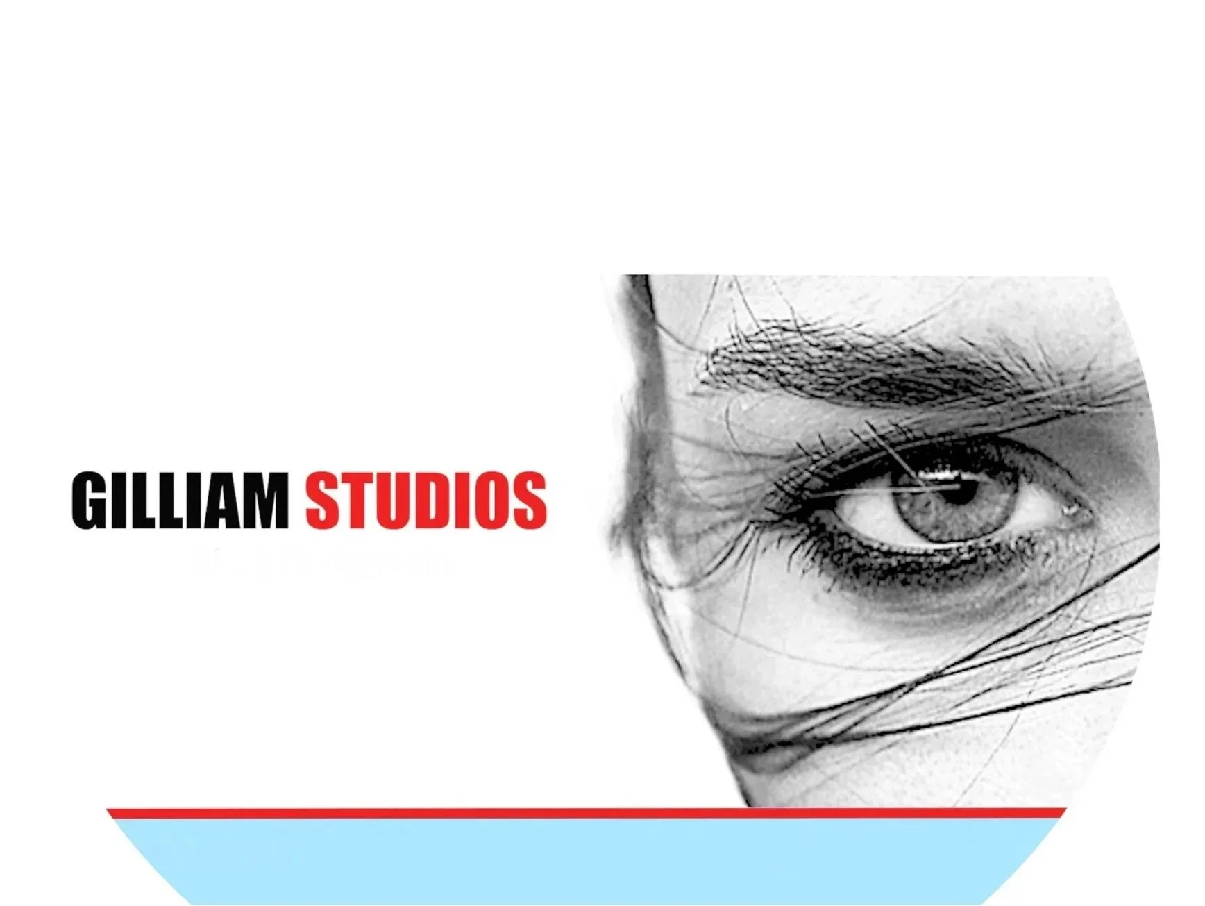 The image features the logo of Gilliam Studios with a close-up black and white photograph of a person's eye on the right side and the text 'GILLIAM STUDIOS' on the left, with 'GILLIAM' in black and 'STUDIOS' in red. There is a light blue horizontal stripe with a thin red line at the bottom of the image.