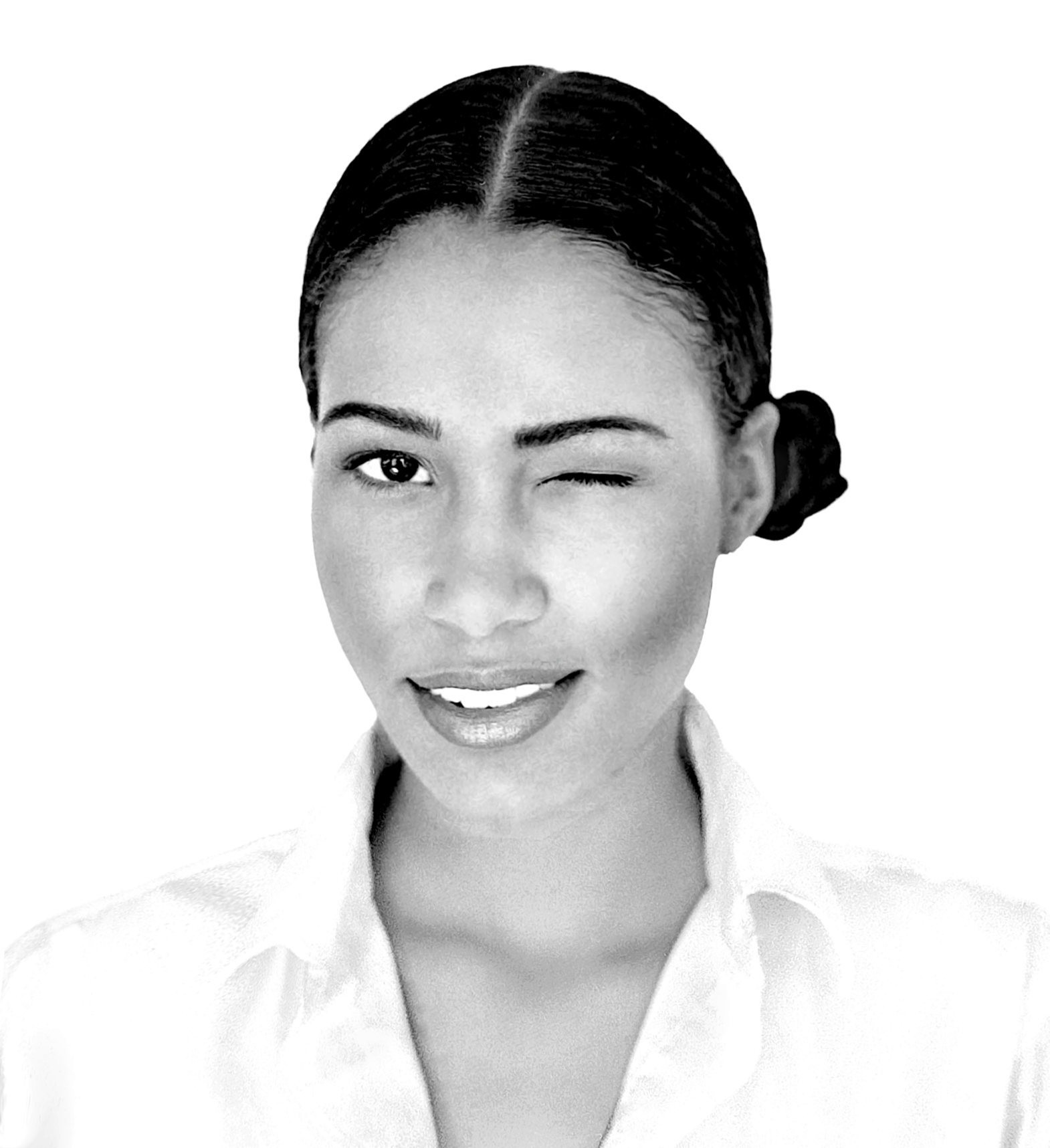 Black and white portrait of a woman with dark hair styled in an updo, one eye closed and a slight smile, wearing a white collared shirt.