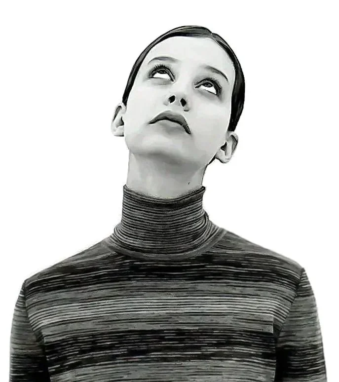 A black and white stylized illustration of a woman with short dark hair, wearing a striped turtleneck, looking upward with an expression of curiosity or contemplation.